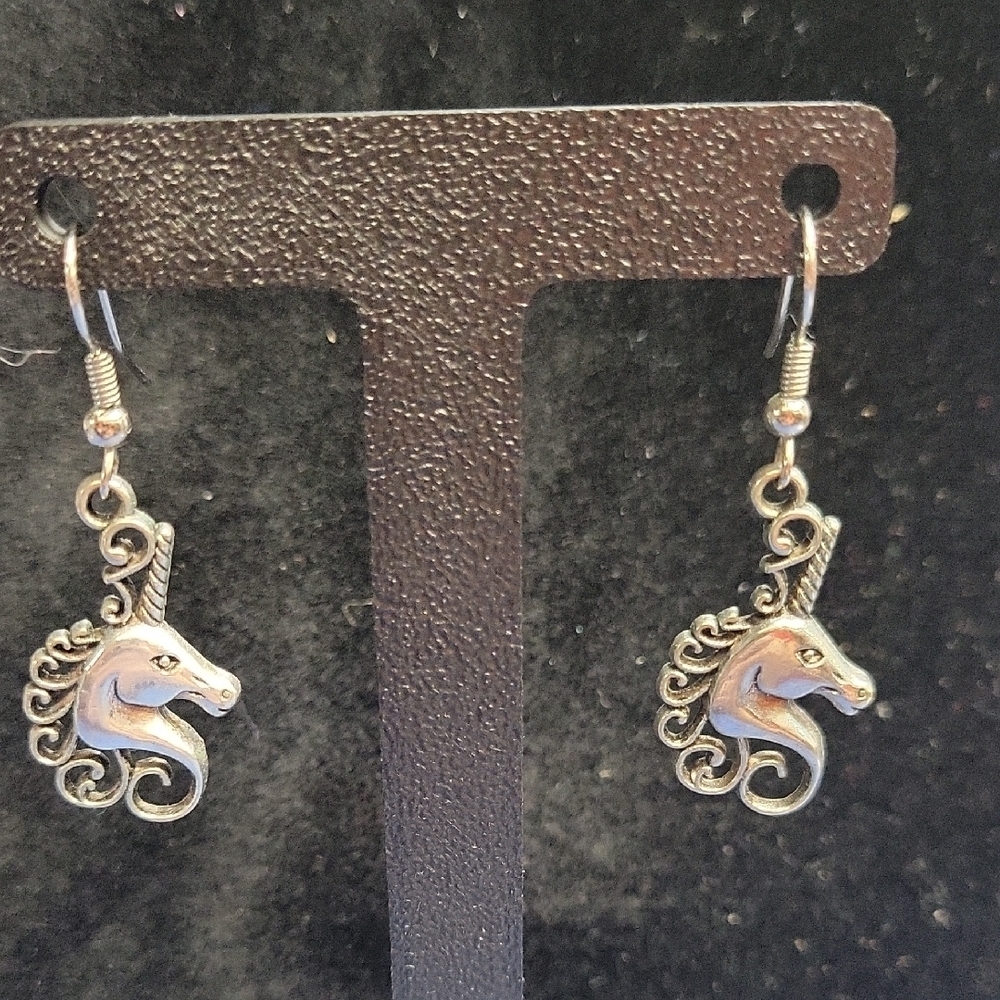 Unicorn Silver Tone Dangle Earrings